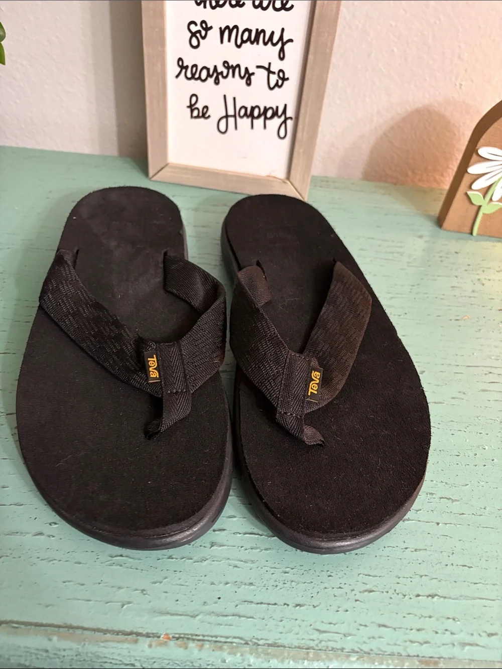 Teva Black Suede Strap Flip Flops with Woven Thong